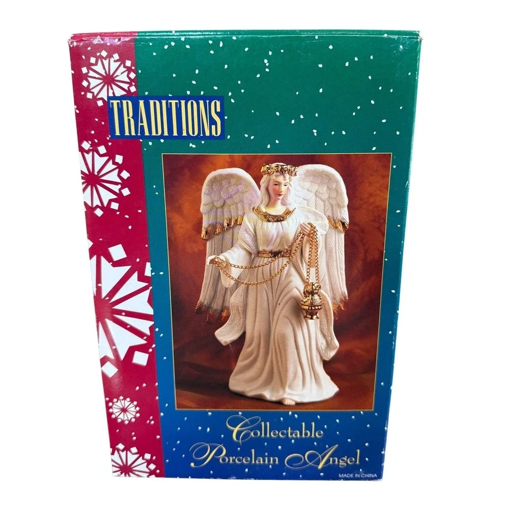 Vintage Traditions Porcelain Angel Figurine, Gold Censer, Hand Painted Box